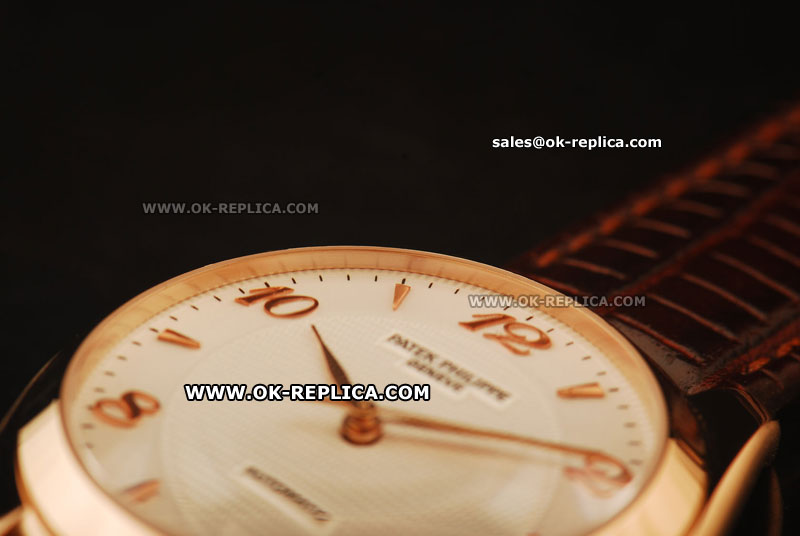 Patek Philippe Calatrava Swiss ETA 2836 Automatic Movement Rose Gold Case with White Dial-Rose Gold Markers and Brown Leather Strap - Click Image to Close